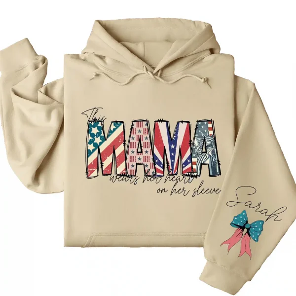 Custom American Mama Hoodie – This Mom Wears Her Heart on Her Sleeve with Kids' Names, 4th of July USA Mom Gift