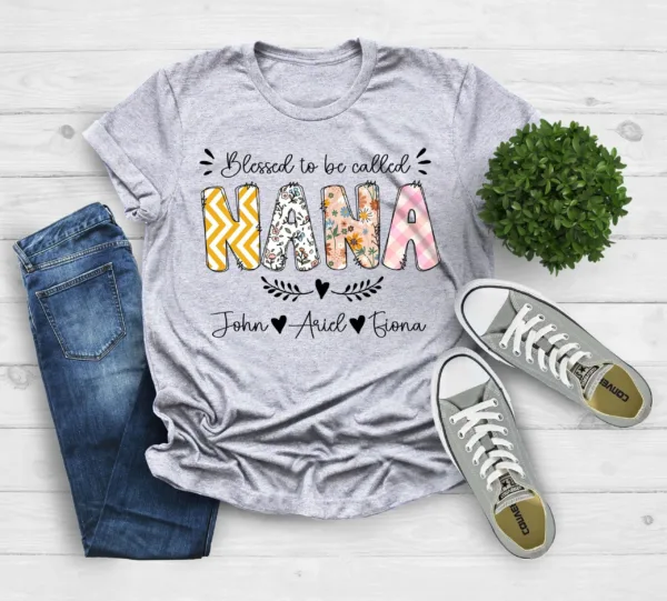 2-10-scaled-1.jpeg Personalized Grandma Shirt - Blessed to Be Called Nana with Kids' Art & Flower - Custom First Time Grandma T-Shirt