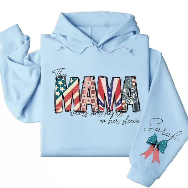 Custom American Mama Hoodie – This Mom Wears Her Heart on Her Sleeve with Kids' Names, 4th of July USA Mom Gift