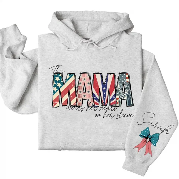 Custom American Mama Hoodie – This Mom Wears Her Heart on Her Sleeve with Kids' Names, 4th of July USA Mom Gift