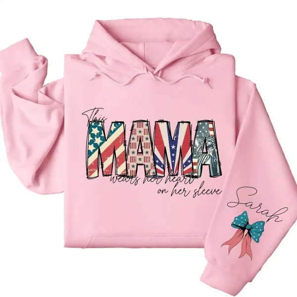Custom American Mama Hoodie – This Mom Wears Her Heart on Her Sleeve with Kids' Names, 4th of July USA Mom Gift
