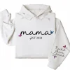 Personalized Mama Hoodie with Kids' Names on Sleeve, Est. 2025 – Custom Mother's Day Gift, Family Name Hoodie