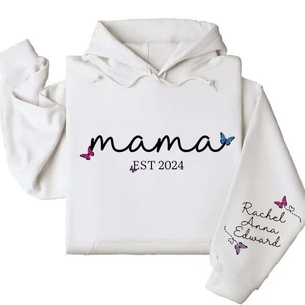 Personalized Mama Hoodie with Kids' Names on Sleeve, Est. 2025 – Custom Mother's Day Gift, Family Name Hoodie