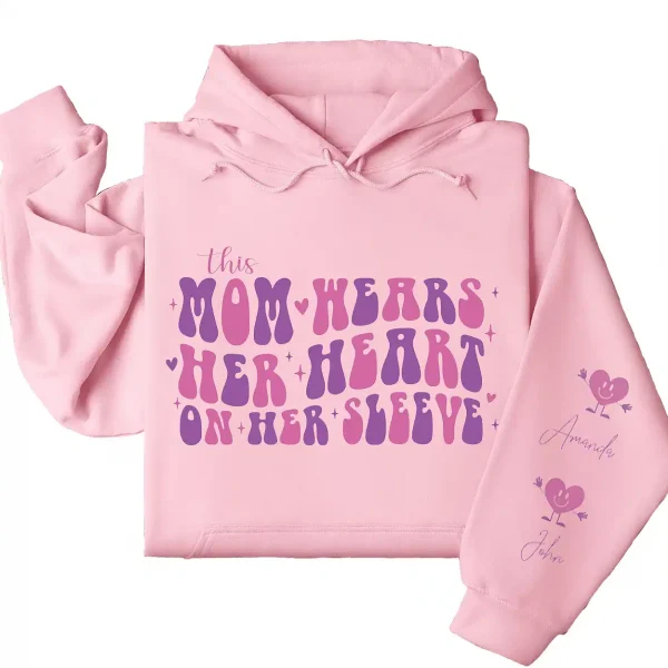 This Mama Wears Her Heart on Her Sleeve Hoodie – Custom Mom Shirt with Kids’ Names on Sleeve, Thoughtful Mother’s Day Gift
