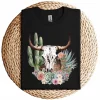 Western Boho Chic Longhorn Bull Skull T-Shirt – Beige Cactus Pattern Graphic Tee – Southwestern Vintage Style – Rodeo Cowgirl Shirt