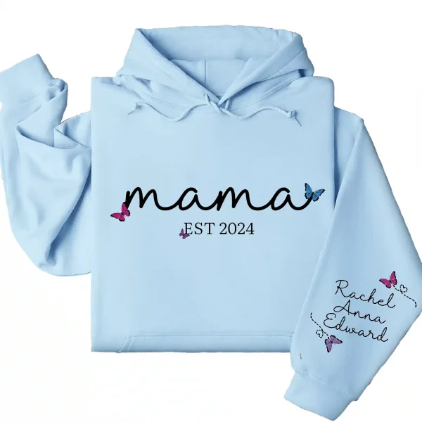 Personalized Mama Hoodie with Kids' Names on Sleeve, Est. 2025 – Custom Mother's Day Gift, Family Name Hoodie