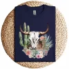 Western Boho Chic Longhorn Bull Skull T-Shirt – Beige Cactus Pattern Graphic Tee – Southwestern Vintage Style – Rodeo Cowgirl Shirt
