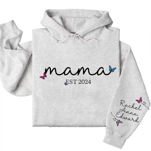Personalized Mama Hoodie with Kids' Names on Sleeve, Est. 2025 – Custom Mother's Day Gift, Family Name Hoodie