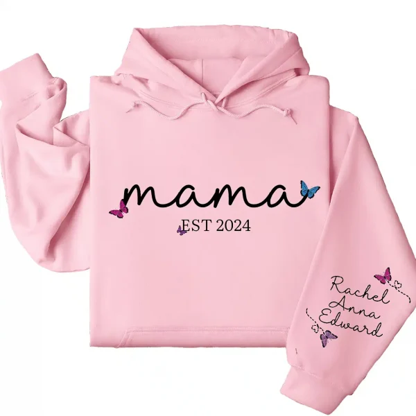 Personalized Mama Hoodie with Kids' Names on Sleeve, Est. 2025 – Custom Mother's Day Gift, Family Name Hoodie