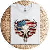 Vintage Cow Bull Cattle Skull T-Shirt – Western Patriotic US Flag Graphic Tee – Rodeo Country Style – American Flag Skull Shirt for Men & Women