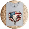 Vintage Cow Bull Cattle Skull T-Shirt – Western Patriotic US Flag Graphic Tee – Rodeo Country Style – American Flag Skull Shirt for Men & Women