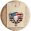 Vintage Cow Bull Cattle Skull T-Shirt – Western Patriotic US Flag Graphic Tee – Rodeo Country Style – American Flag Skull Shirt for Men & Women