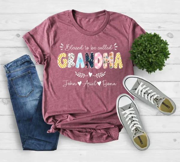 4-5-scaled-1.jpeg Personalized Grandma Shirt - Blessed to Be Called Nana with Kids' Art & Flower - Custom First Time Grandma T-Shirt