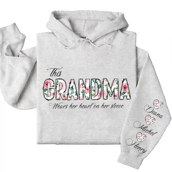 This Grandma Wears Her Heart on Her Sleeve Hoodie – Custom Hoodie with Kids’ Names, Personalized Mother’s Day Gift for Grandma