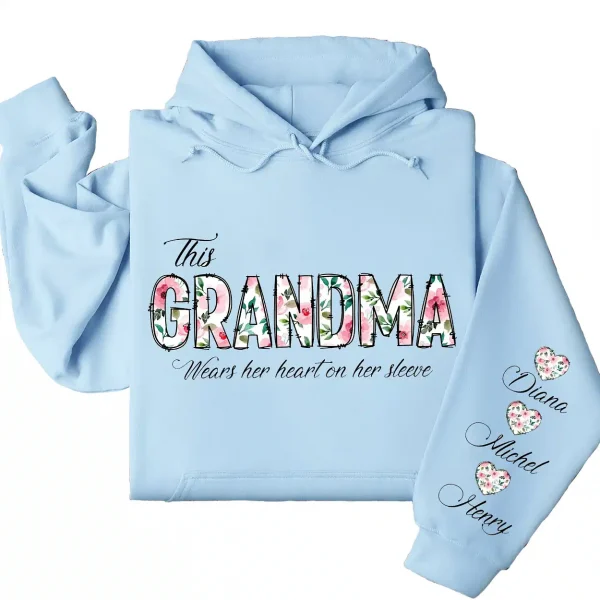 This Grandma Wears Her Heart on Her Sleeve Hoodie – Custom Hoodie with Kids’ Names, Personalized Mother’s Day Gift for Grandma