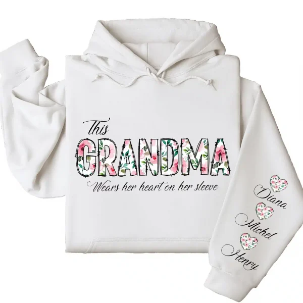 This Grandma Wears Her Heart on Her Sleeve Hoodie – Custom Hoodie with Kids’ Names, Personalized Mother’s Day Gift for Grandma