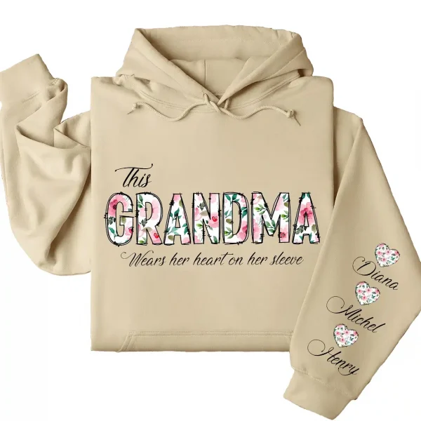 This Grandma Wears Her Heart on Her Sleeve Hoodie – Custom Hoodie with Kids’ Names, Personalized Mother’s Day Gift for Grandma