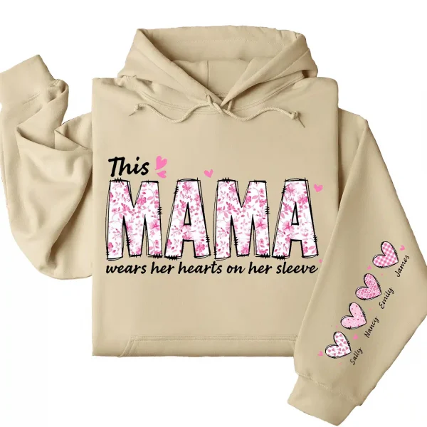 5-4-9.webp This Mama Wears Her Heart on Her Sleeve Hoodie – Personalized Mama with Kids’ Names, Cute Gift for Mom or Wife