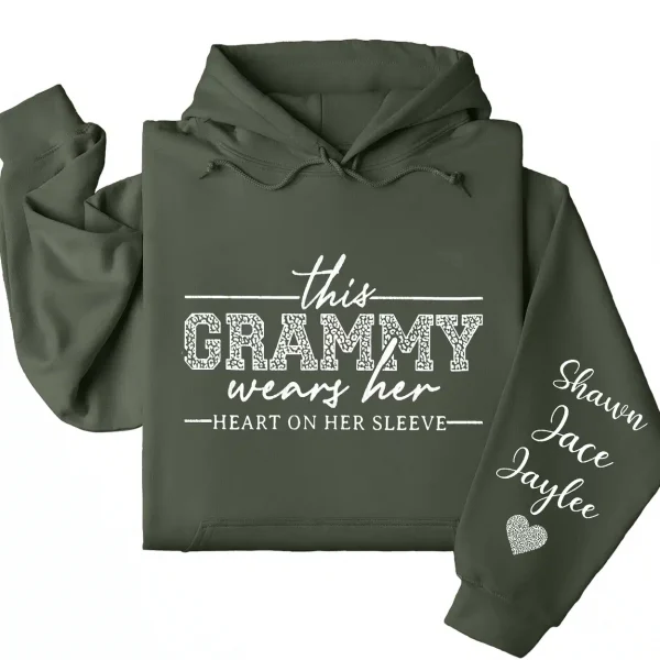 Personalized Grammy Wears Her Heart On Her Sleeve Hoodie  – Leopard Print GrandmaShirt, Cute Gift for Grammy