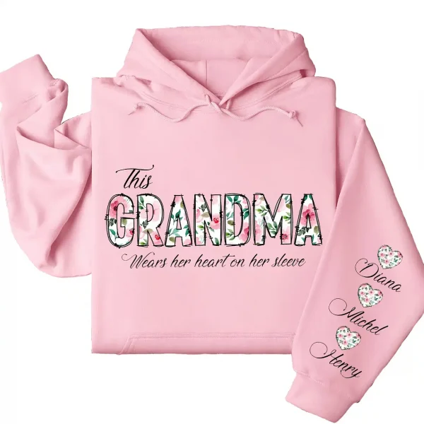 This Grandma Wears Her Heart on Her Sleeve Hoodie – Custom Hoodie with Kids’ Names, Personalized Mother’s Day Gift for Grandma