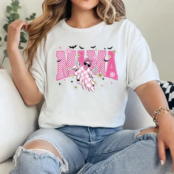 6-1-1-1.webp Mama Halloween Cute Ghost Trendy Checkered Pink Men Women T-Shirt - Unisex, Gift for Halloween Day, Gift for Mama