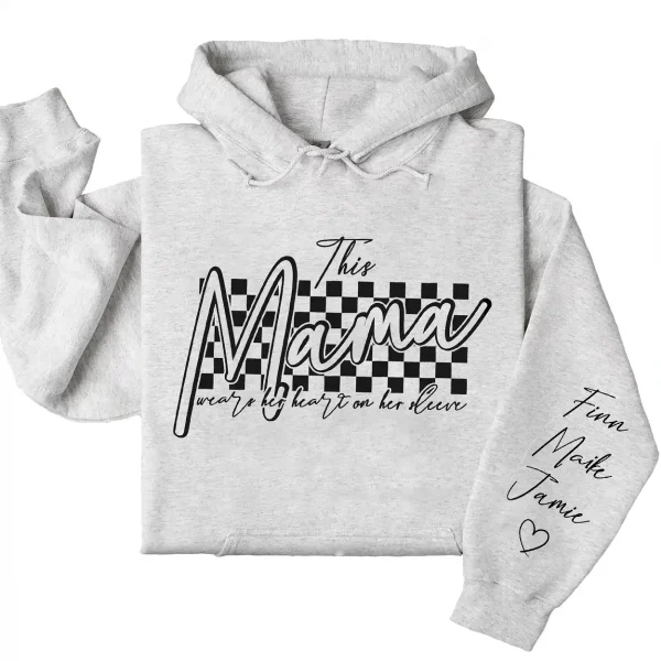6-1-10.webp Retro This Mama Wears Her Heart on Her Sleeve Hoodie – Custom Checkered Heart Design with Kids’ Names, Personalized Mother’s Day Gift for Mom