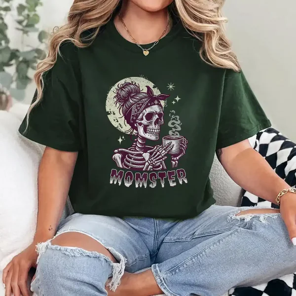 6-1-2-1.webp Momster Skull Mom Coffee Lover Halloween Messy Hair Bun Mama T-Shirt - Unisex, Gift for Halloween Day, Gift for Mama