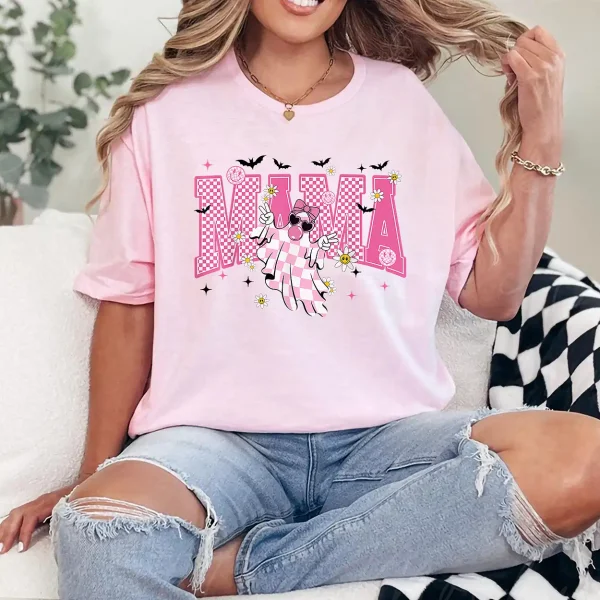 6-2-1-1.webp Mama Halloween Cute Ghost Trendy Checkered Pink Men Women T-Shirt - Unisex, Gift for Halloween Day, Gift for Mama