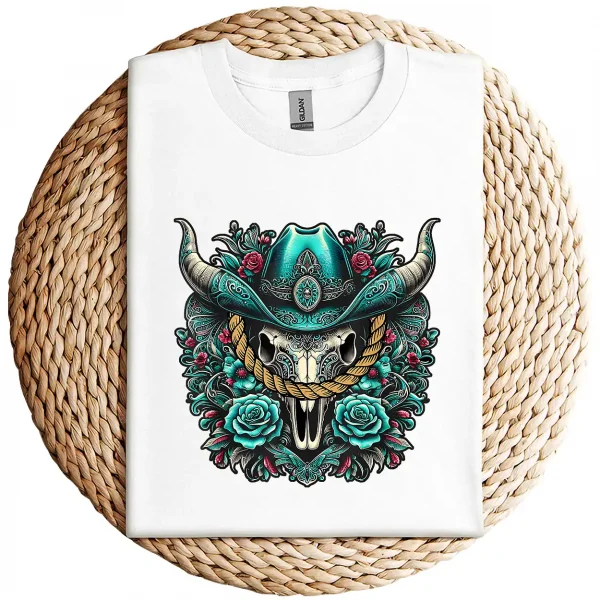 Turquoise Cow Skull T-Shirt – Western Bull Skull Graphic Tee – Rodeo Queen Country Shirt – Southwestern Boho Style – Vintage Cowgirl Top