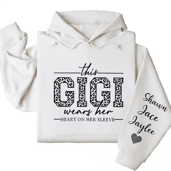 This Gigi Wears Her Heart On Her Sleeve Hoodie  – Personalized Leopard Gigi Shirt, Cute Gift for Gigi on Mother's Day or Holiday