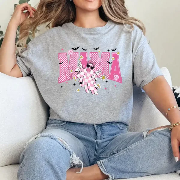 6-3-1-1.webp Mama Halloween Cute Ghost Trendy Checkered Pink Men Women T-Shirt - Unisex, Gift for Halloween Day, Gift for Mama