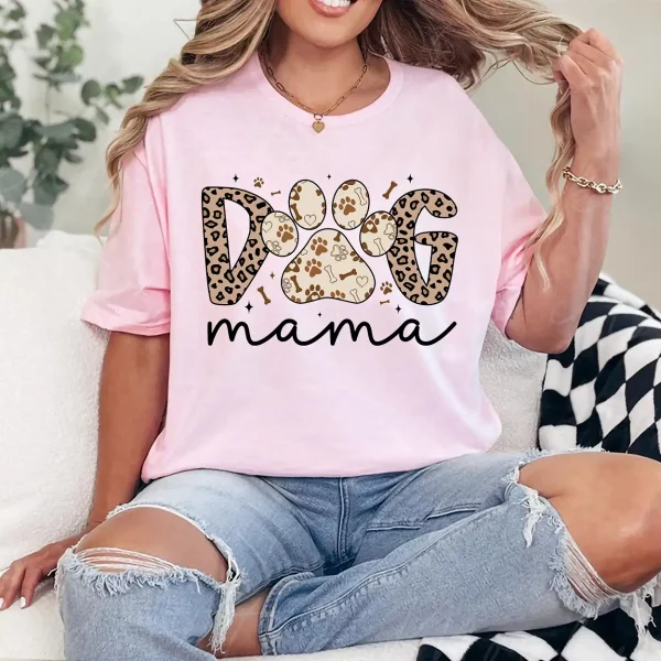 Dog Mama T-Shirt with Leopard Print – Retro Dog Mom Graphic Tee, Cute Gift for Pet Moms, Mother's Day Shirt for Dog Lovers, Trendy Mama Outfit