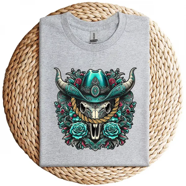 Turquoise Cow Skull T-Shirt – Western Bull Skull Graphic Tee – Rodeo Queen Country Shirt – Southwestern Boho Style – Vintage Cowgirl Top