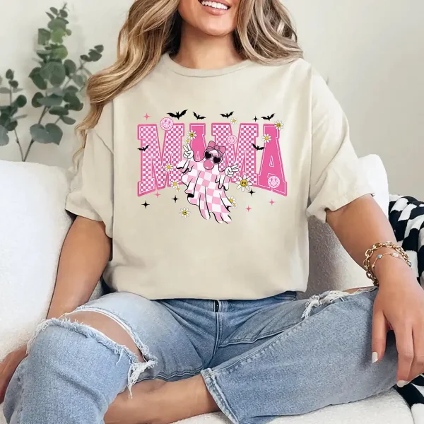 6-4-1-1.webp Mama Halloween Cute Ghost Trendy Checkered Pink Men Women T-Shirt - Unisex, Gift for Halloween Day, Gift for Mama