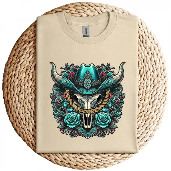 Turquoise Cow Skull T-Shirt – Western Bull Skull Graphic Tee – Rodeo Queen Country Shirt – Southwestern Boho Style – Vintage Cowgirl Top