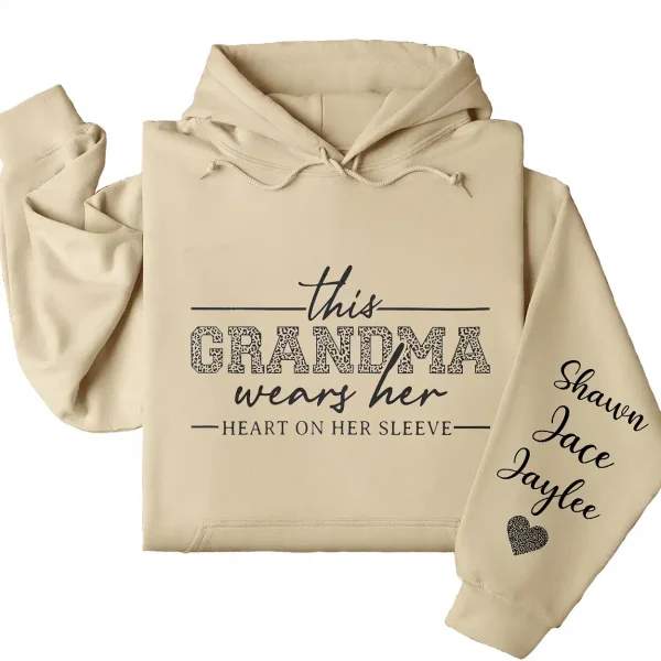 This Grandma Wears Her Heart On Her Sleeve Hoodie – Personalized Leopard Print Grandma Shirt, Cute Birthday's or Mother’s Day Gift