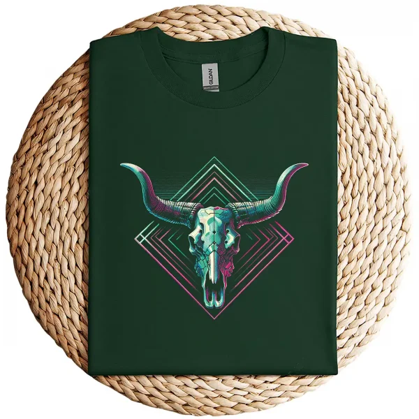 Vaporwave Longhorn Cow Skull T-Shirt – 80s 90s Retro Style Graphic Tee – Vintage Cattle Skull Art – Neon Aesthetic Vaporwave Shirt
