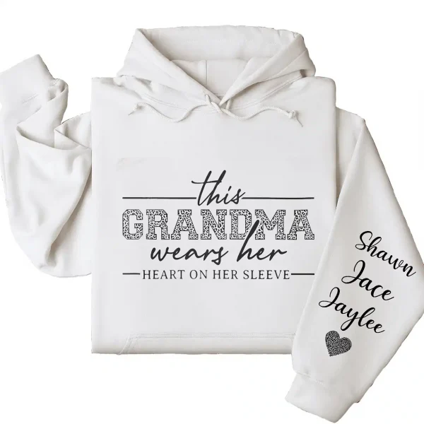 This Grandma Wears Her Heart On Her Sleeve Hoodie – Personalized Leopard Print Grandma Shirt, Cute Birthday's or Mother’s Day Gift