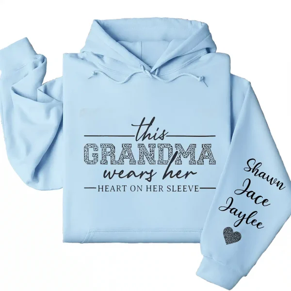 This Grandma Wears Her Heart On Her Sleeve Hoodie – Personalized Leopard Print Grandma Shirt, Cute Birthday's or Mother’s Day Gift