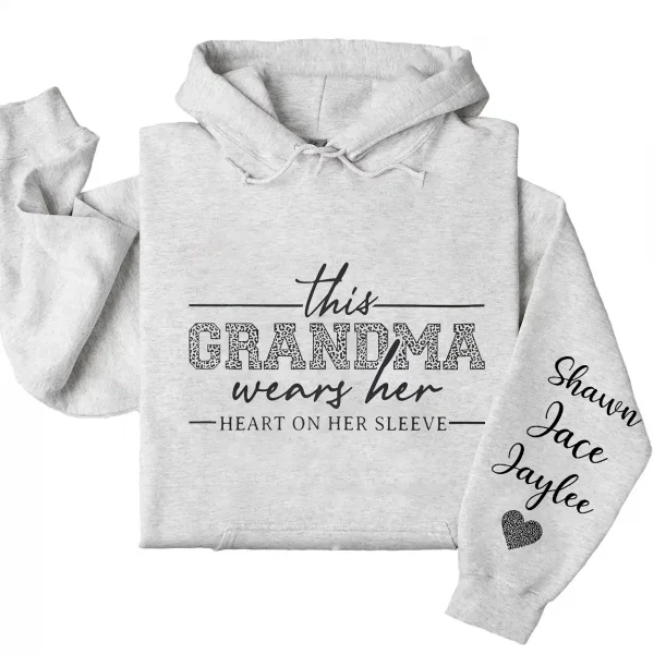 This Grandma Wears Her Heart On Her Sleeve Hoodie – Personalized Leopard Print Grandma Shirt, Cute Birthday's or Mother’s Day Gift