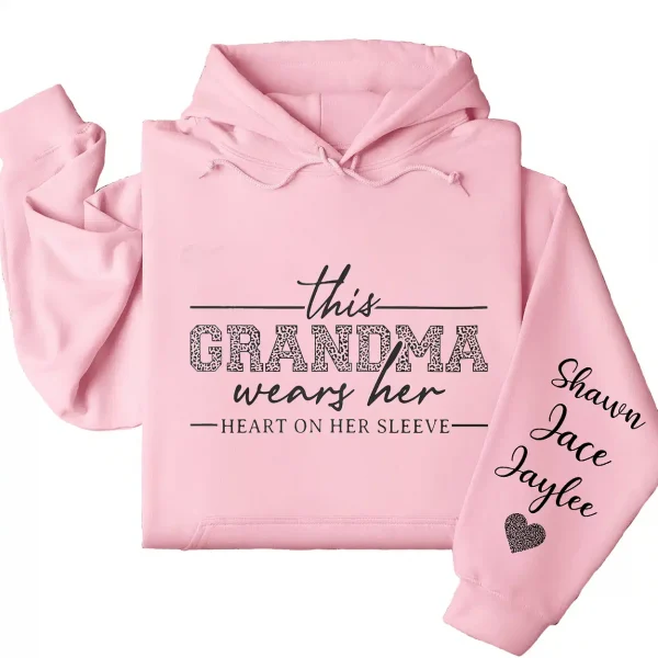 This Grandma Wears Her Heart On Her Sleeve Hoodie – Personalized Leopard Print Grandma Shirt, Cute Birthday's or Mother’s Day Gift