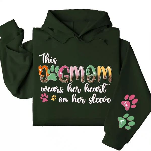This Dog Mom Wears Her Heart on Her Sleeve Hoodie – Custom Hoodie with Kids’ Names, Personalized Mother’s Day Gift for Mom