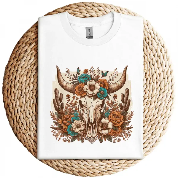 Western Boho Cow Bull Skull T-Shirt – Wild West Floral Graphic Tee – Country Style Vintage Shirt – Rodeo Cowgirl Southwestern Design
