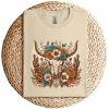 Western Boho Cow Bull Skull T-Shirt – Wild West Floral Graphic Tee – Country Style Vintage Shirt – Rodeo Cowgirl Southwestern Design