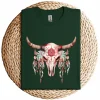 Boho Cow Skull & Feathers T-Shirt – Floral Bull Skull Graphic Tee – Southwestern Bohemian Style – Vintage Rodeo Cowgirl Shirt