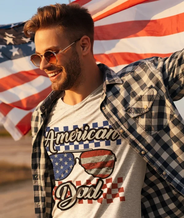American Dad Tee, Father's Day Gift, 4th Of July Matching Shirt, American T-Shirt, Men 4th of July Shirt, Checkered Dad