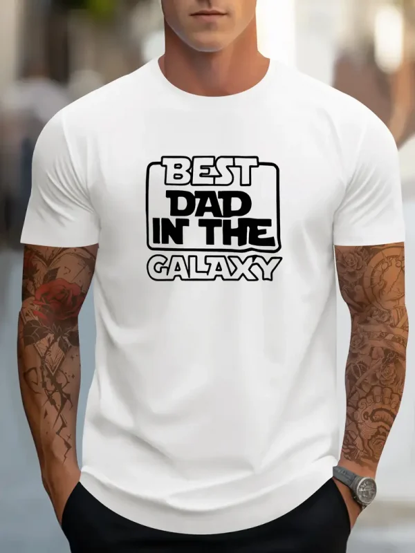 Best Dad In The Galaxy Printed, Men's Short Sleeved T-shirts, Fashion Comfortable Casual Tops For Summer & Spring Daily Wear
