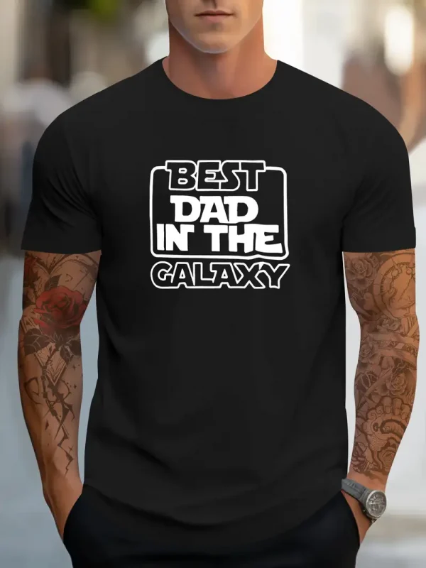 Best Dad In The Galaxy Printed, Men's Short Sleeved T-shirts, Fashion Comfortable Casual Tops For Summer & Spring Daily Wear