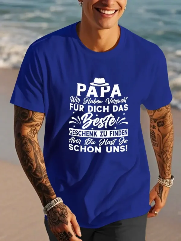 Best Papa Ever German Quote Men's T-Shirt - Casual Polyester Short Sleeve Crew Neck, Summer Top with Hat & Mustache Illustration, Machine Washable