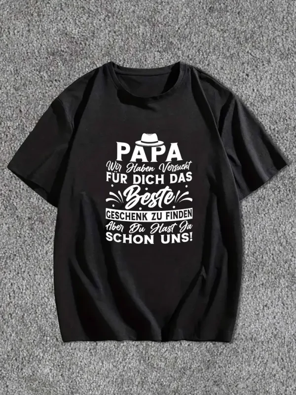 Best Papa Ever German Quote Men's T-Shirt - Casual Polyester Short Sleeve Crew Neck, Summer Top with Hat & Mustache Illustration, Machine Washable
